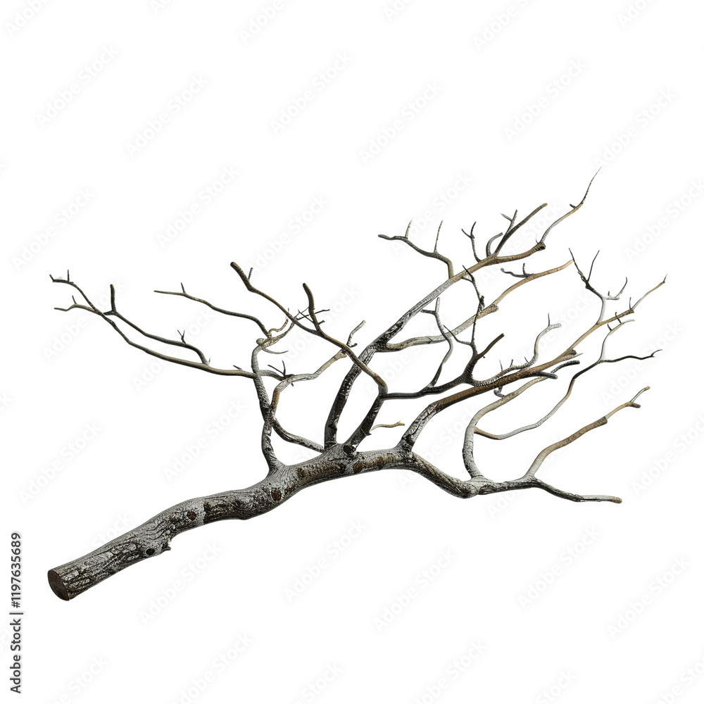 A gnarled and bare tree branch isolated on a transparent background perfect for design projects or artistic creations showing intricate details of the wood texture and the branching pattern A gnarled and bare tree branch isolated on a transparent background perfect for design projects or artistic creations showing intricate details of the wood texture and the branching pattern