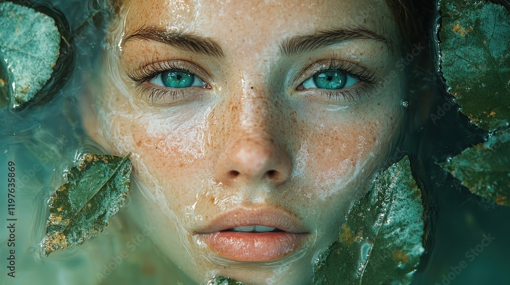 Close-up portrait of a woman with freckles and green eyes submerged in water with leaves. Close-up portrait of a woman with freckles and green eyes submerged in water with leaves.