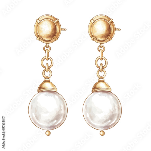 A watercolor clipart of minimalist gold and pearl earrings, isolated on a white background. Earrings vector.
