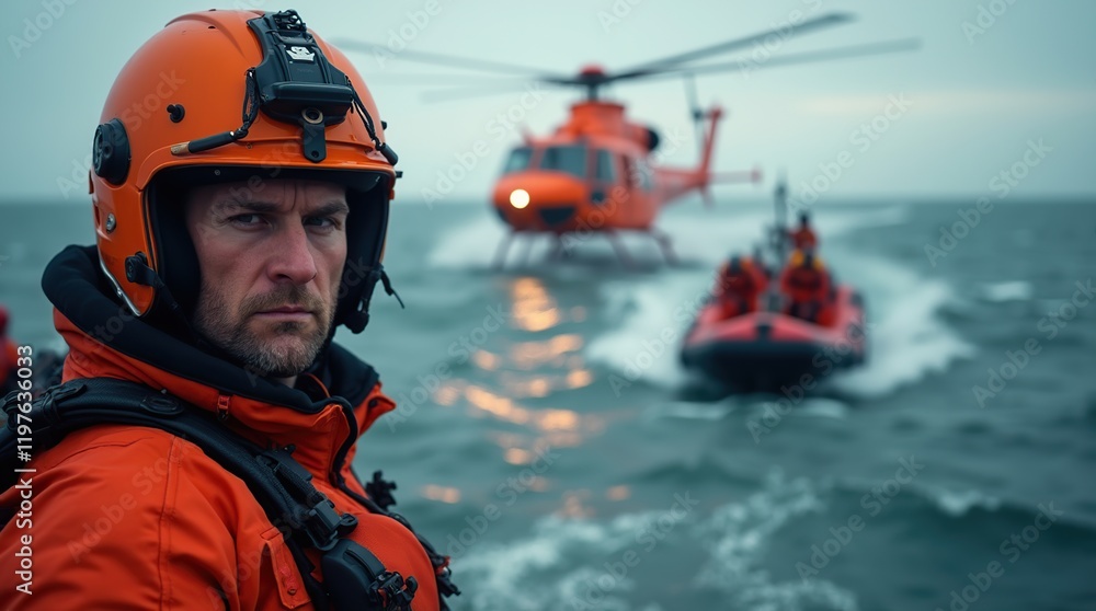 Fototapeta premium Dramatic Sea Rescue Scene Featuring Close-Up of Rescue Worker and Helicopter Operations