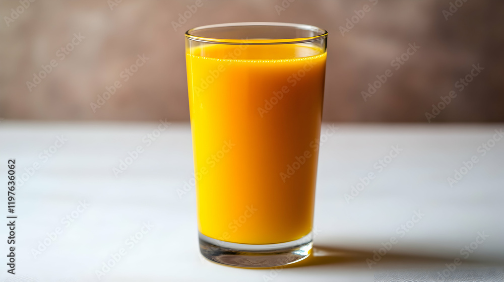 A single glass of fresh mango juice with its vibrant yellow color, placed on a plain white tabletop with soft lighting, no other objects A single glass of fresh mango juice with its vibrant yellow color, placed on a plain white tabletop with soft lighting, no other objects