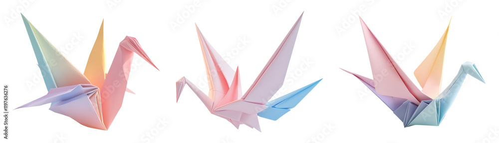 Naklejka premium Colorful Origami Cranes in Various Poses on Transparent Background
