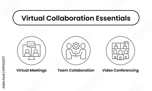 Vector Outline Icon set for Virtual Collaboration. Essential Virtual Teamwork Icons Set. Video Conferencing, Virtual Meetings, and Team Collaboration Icons for Digital Platforms.