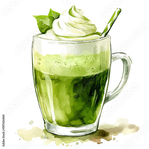 A watercolor painting of a matcha latte, isolated on a white background. Latte vector.
