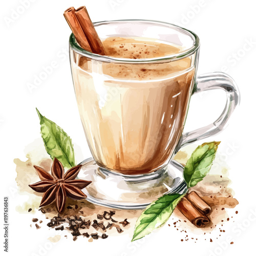 A watercolor of masala chai, isolated on a white background. Chai vector.
