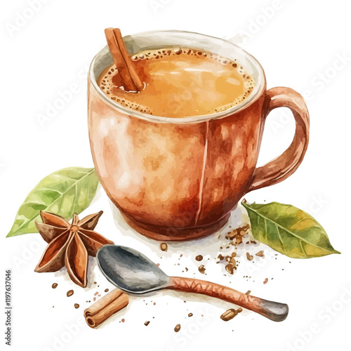 A watercolor painting of masala chai, isolated on a white background. Chai vector.
