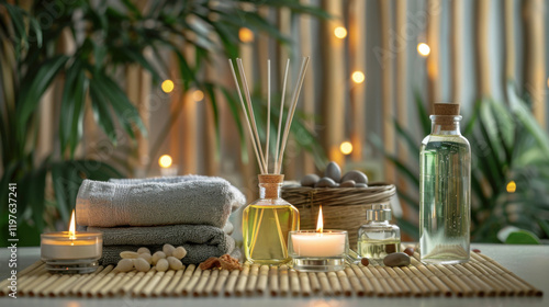 Tranquil spa setup with towels oils candles and greenery perfect for wellness branding beauty blogs or relaxation visuals