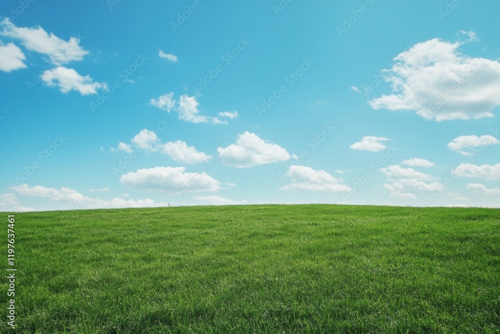Vast green field under bright blue sky with fluffy clouds creating an inviting open space for creative text. Generative AI Vast green field under bright blue sky with fluffy clouds creating an inviting open space for creative text. Generative AI