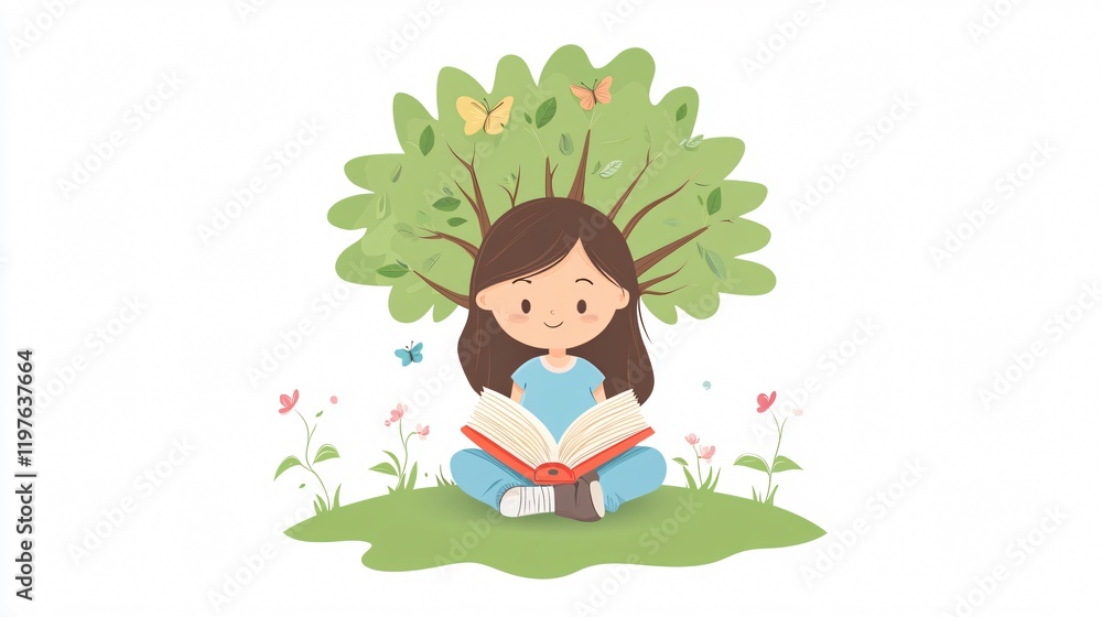 Adorable girl standing near tree in library environment, wide angle centered composition Adorable girl standing near tree in library environment, wide angle centered composition