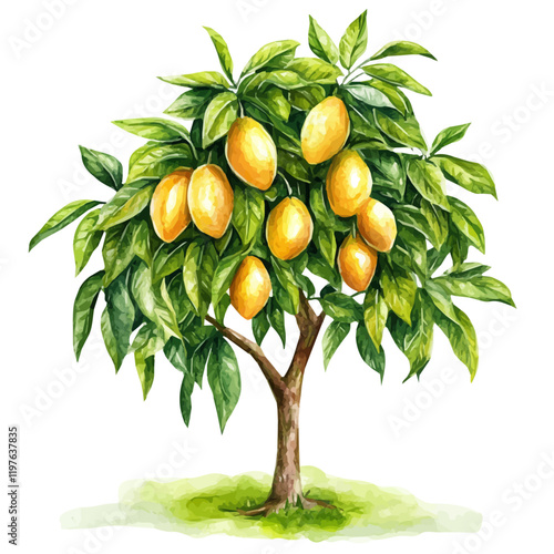 A watercolor illustration of a mango tree, isolated on a white background. Tree vector.
