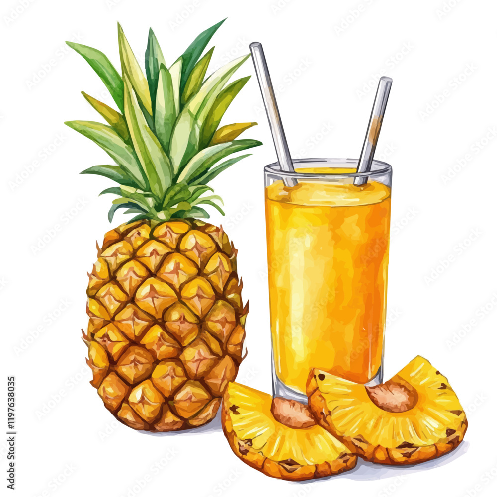 A watercolor drawing of mango pineapple juice, isolated on a white background. Juice vector.
A watercolor drawing of mango pineapple juice, isolated on a white background. Juice vector.