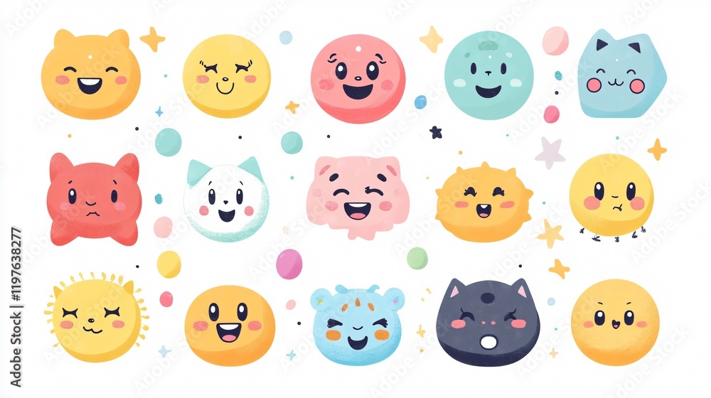 Cute Kawaii Emoji: Wide-angle Centered Composition for Playful Designs Cute Kawaii Emoji: Wide-angle Centered Composition for Playful Designs