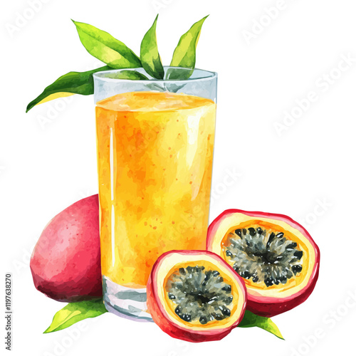 A watercolor of mango passion fruit juice, isolated on a white background. Juice vector.
