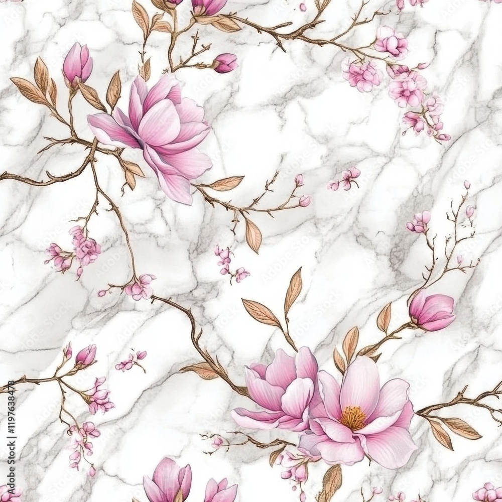 Fototapeta premium Floral pattern with pink flowers on a marble background.