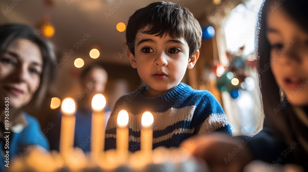 A young boy looks intently at the candles on his birthday cake, surrounded by family. Warm lighting and bokeh create a festive atmosphere. A moment of joy and anticipation. A young boy looks intently at the candles on his birthday cake, surrounded by family. Warm lighting and bokeh create a festive atmosphere. A moment of joy and anticipation.