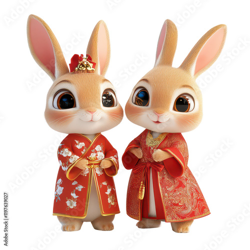 Adorable cartoon rabbits dressed in traditional Chinese attire celebrate a festive occasion with joy, 3D Adorable Cartoon Rabbits in Traditional Chinese Clothes on transparent background photo