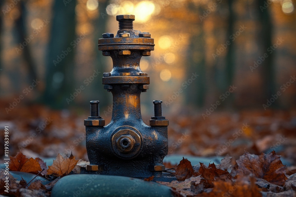 Rustic bronze valve in autumnal forest setting, nature's tranquility.