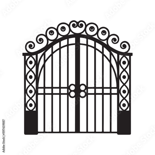 wrought iron gate silhouette, black and white silhouette, vector and illustration