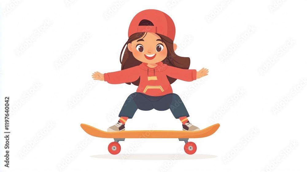 Adorable girl skateboarding in scenic landscape Adorable girl skateboarding in scenic landscape