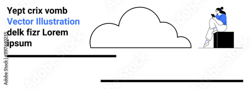 Woman reading a book while seated on a block, accompanied by black text and cloud outline. Ideal for education, online learning, cloud technology, reading, contemplation, relaxation, and marketing