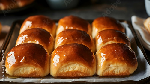 A tray of buttery brioche rolls with a shiny, golden glaze, displayed in a grid pattern on a parchment-lined baking tray photo