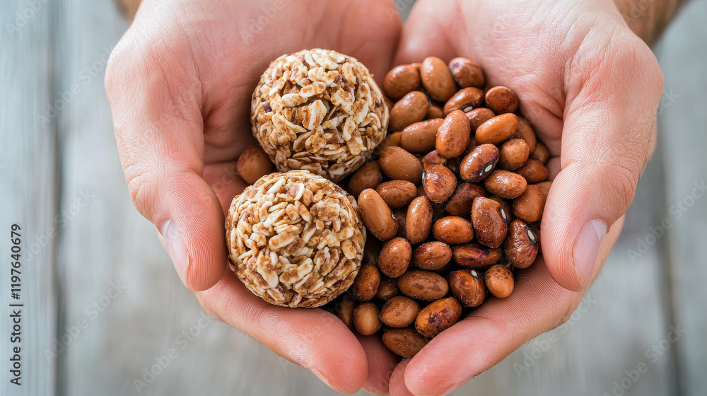 Healthy snack mix of protein balls and nuts in hands