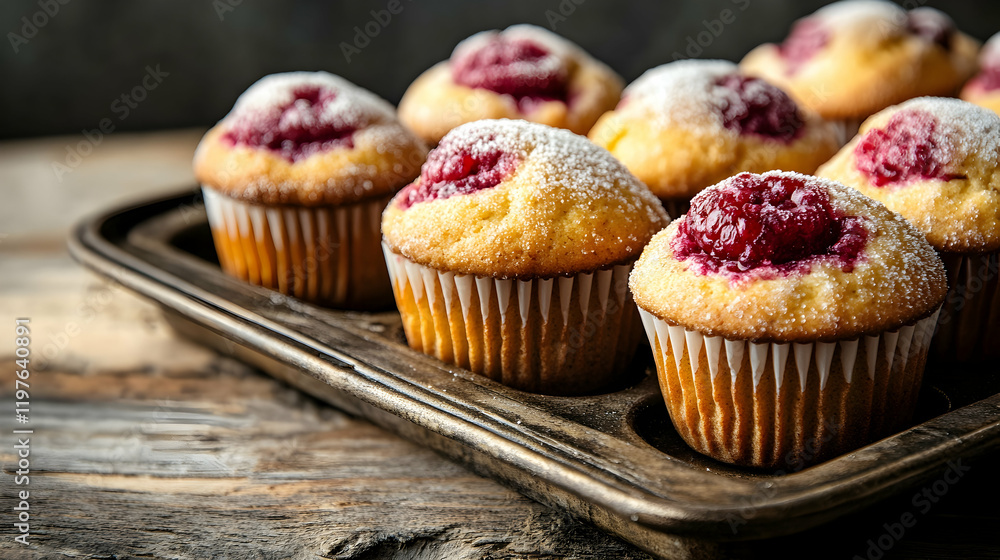 A tray of freshly baked raspberry-filled muffins with sugar-dusted tops, placed on a rustic wooden surface A tray of freshly baked raspberry-filled muffins with sugar-dusted tops, placed on a rustic wooden surface