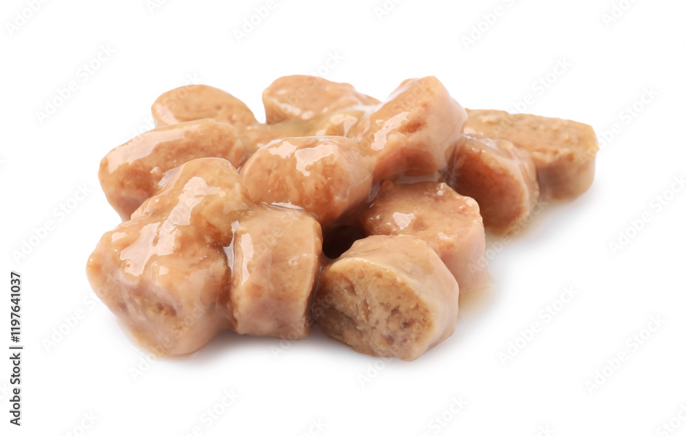 Pieces of wet pet food isolated on white