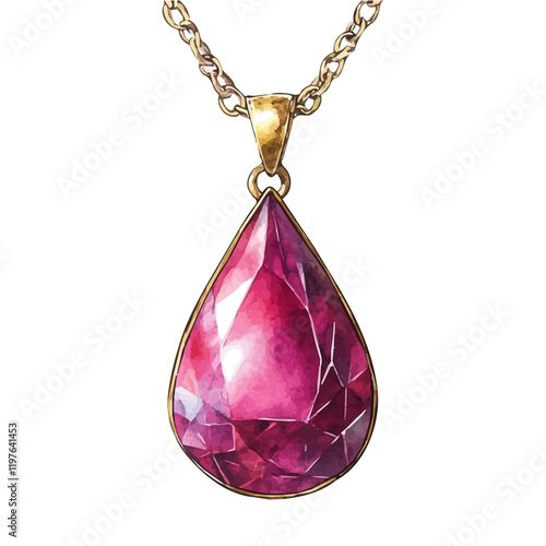 A watercolor vector of a luxury ruby pendant necklace, isolated on a white background. Necklace vector.
