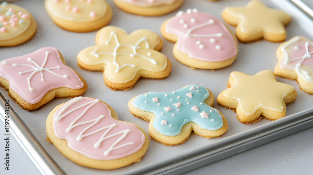 A tray of perfectly baked sugar cookies in various shapes, decorated with simple, pastel-colored icing A tray of perfectly baked sugar cookies in various shapes, decorated with simple, pastel-colored icing