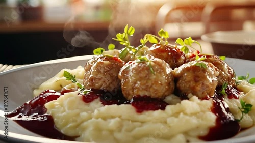 Swedish Meatballs with Creamy Mashed Potatoes and Lingonberry Sauce