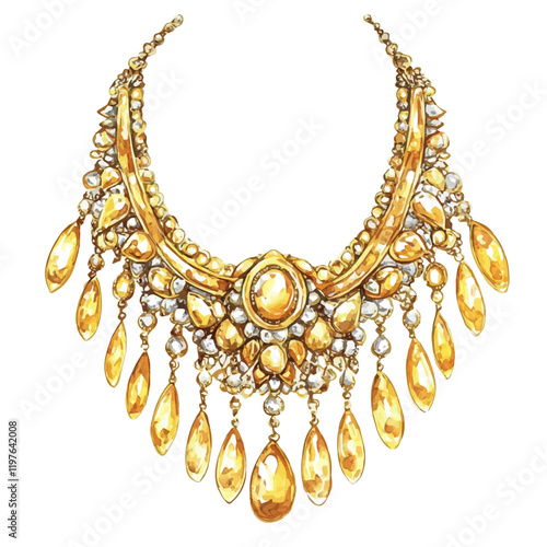 A watercolor of a luxury gold necklace and earrings set, isolated on a white background. Jewelry vector.
