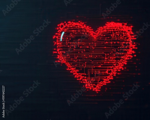A glowing Valentine chatbot hologram, designed with futuristic heartshaped computational visuals
