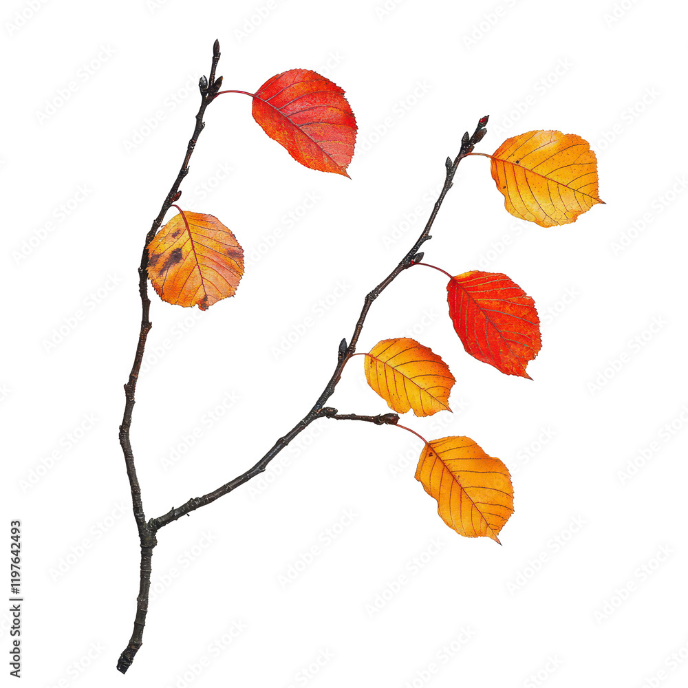 Obraz premium Bright autumn leaves in vibrant shades of red and yellow on a branch isolated against a clean transparent background, Autumn fall leaves on a branch isolated on transparent background