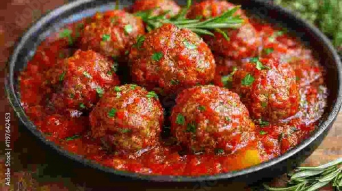 Homemade Meatballs in Tomato Sauce with Bell Peppers and Rosemary for a Cozy, Rustic Meal photo