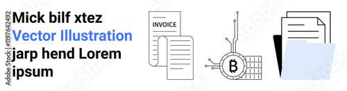 Invoice documents, Bitcoin circuit, and file folders in vector art. Ideal for financial technology, business strategy, document management, cryptocurrency, digital transactions, online invoicing