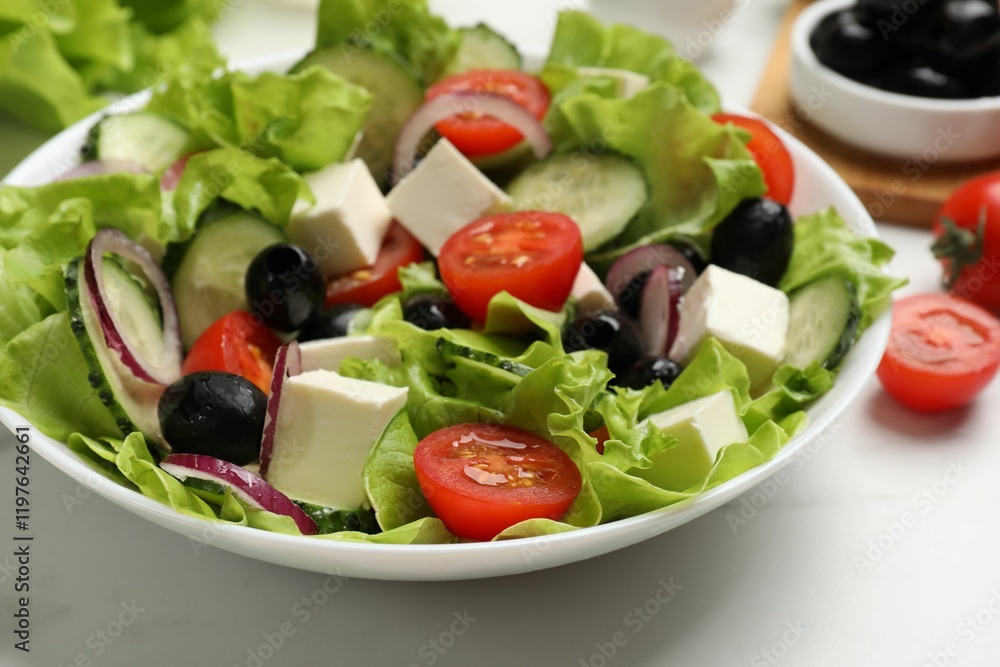 Delicious fresh Greek salad on white table, closeup Delicious fresh Greek salad on white table, closeup