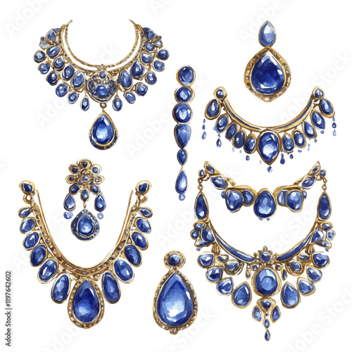 A watercolor of a luxury gold and sapphire jewelry set, isolated on a white background. Jewelry vector.
