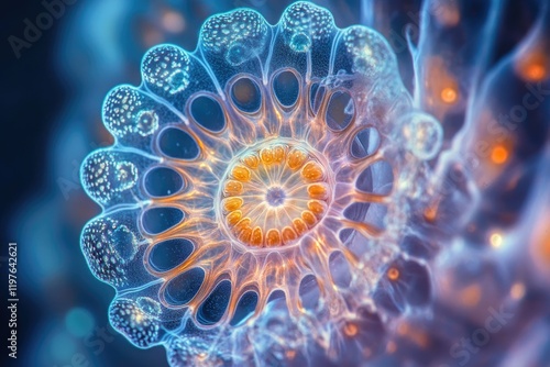 Intricate, bioluminescent marine organism with radial symmetry, showcasing vibrant colors and detailed structure. photo