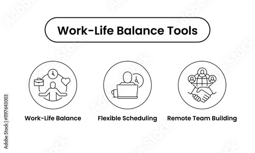 Work-Life Balance Tools icon set. Includes Work-Life Balance, Flexible Scheduling, and Remote Team Building icons. Vector icon set