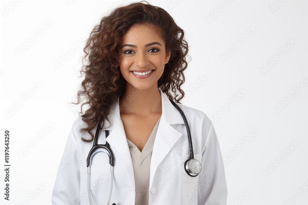 Smiling Indian Female Doctor in White Coat with Stethoscope on White Background - Professional Healthcare Portrait for Medical, Wellness, and Clinic Concepts Smiling Indian Female Doctor in White Coat with Stethoscope on White Background - Professional Healthcare Portrait for Medical, Wellness, and Clinic Concepts