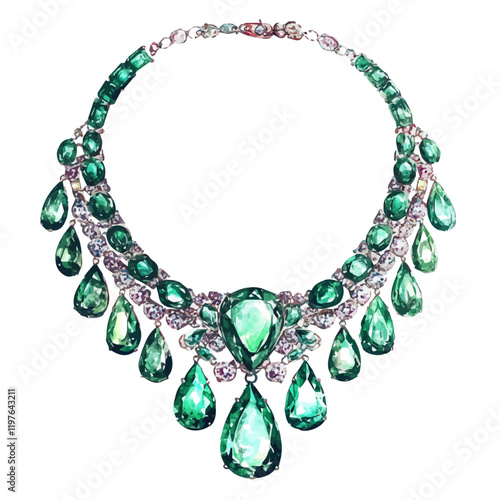 A watercolor of a luxury diamond and emerald necklace, isolated on a white background. Necklace vector.
