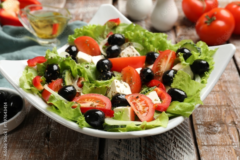 Delicious fresh Greek salad on wooden table, closeup Delicious fresh Greek salad on wooden table, closeup