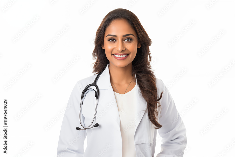 Smiling Indian Female Doctor in White Coat with Stethoscope on White Background - Professional Healthcare Portrait for Medical, Wellness, and Clinic Concepts Smiling Indian Female Doctor in White Coat with Stethoscope on White Background - Professional Healthcare Portrait for Medical, Wellness, and Clinic Concepts