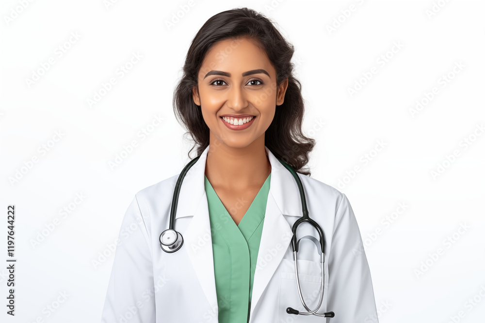 Smiling Indian Female Doctor in White Coat with Stethoscope on White Background - Professional Healthcare Portrait for Medical, Wellness, and Clinic Concepts Smiling Indian Female Doctor in White Coat with Stethoscope on White Background - Professional Healthcare Portrait for Medical, Wellness, and Clinic Concepts