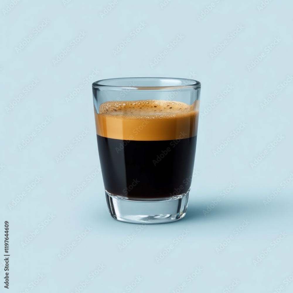 Espresso shot in a clear glass on a light blue background. Espresso shot in a clear glass on a light blue background.