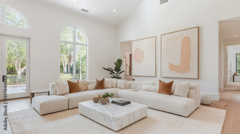 Fototapeta premium Modern living room with large sectional sofa, minimalist decor, and natural light. space features neutral colors, abstract art, and indoor plants, creating serene atmosphere