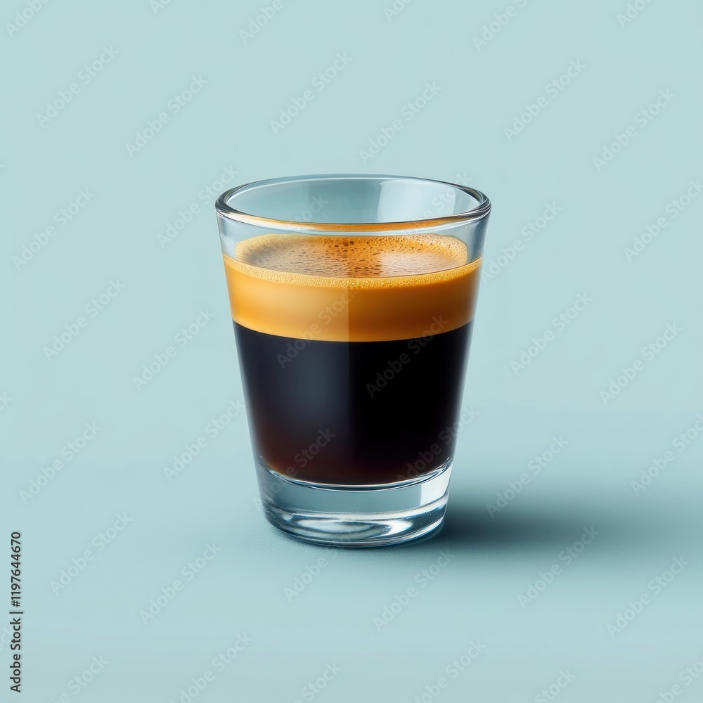 Espresso shot in a clear glass on a blue background. Espresso shot in a clear glass on a blue background.
