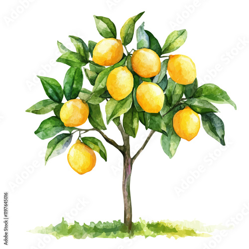 A watercolor of a lemon tree, isolated on a white background. Tree vector.
