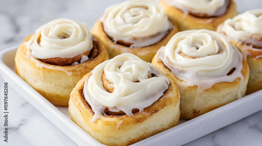 Soft and fluffy cinnamon rolls topped with glossy white icing, placed neatly on a white ceramic tray on a marble background Soft and fluffy cinnamon rolls topped with glossy white icing, placed neatly on a white ceramic tray on a marble background